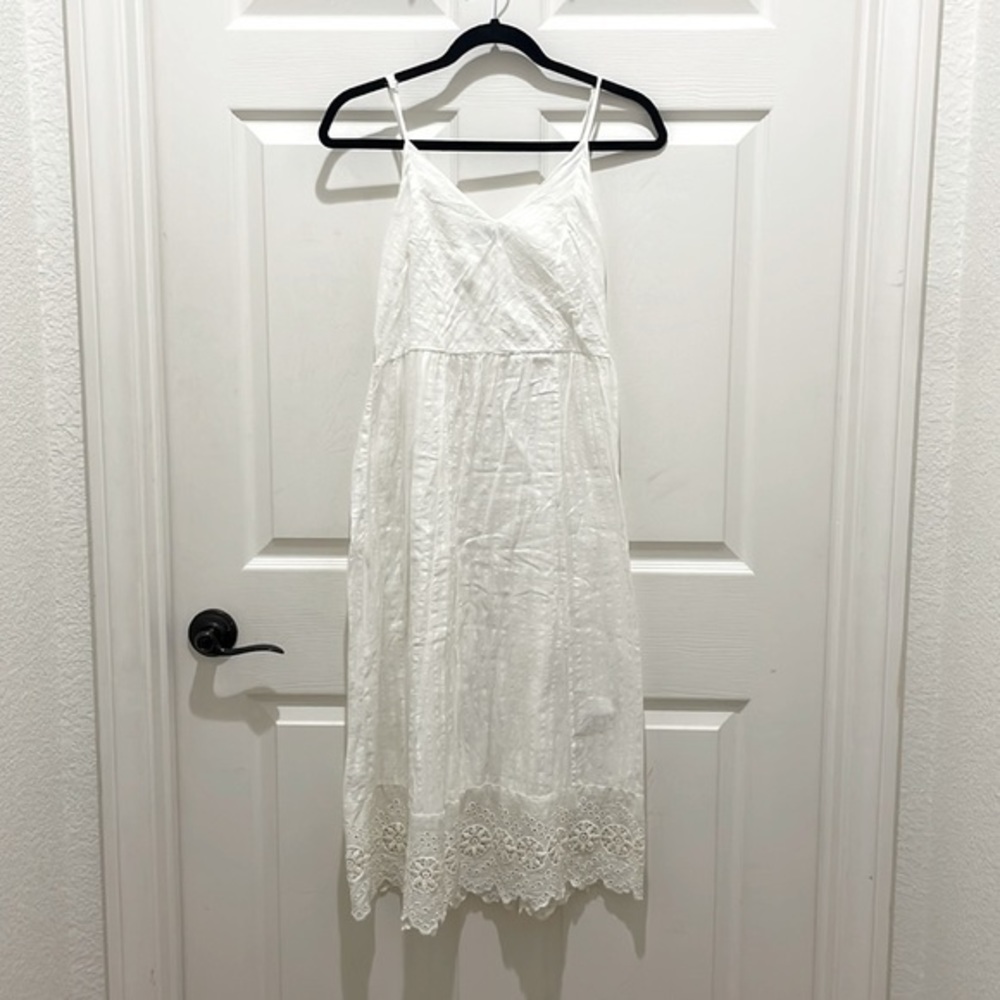 Lucky Brand White V-Neck Cotton Lined Eyelet MIDI Dress